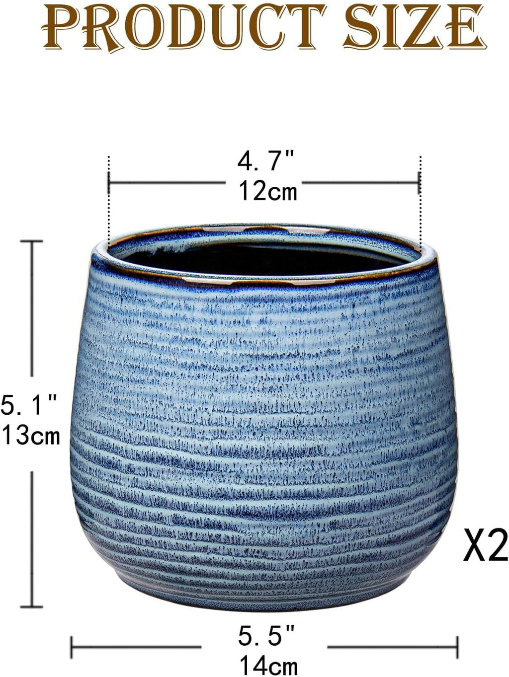 GnFlus Blue Ceramic Plant Pots 5.5 Inch Set of 2, Flower Plants Pot with Drainage Holes Blue Planter Garden Pot for
