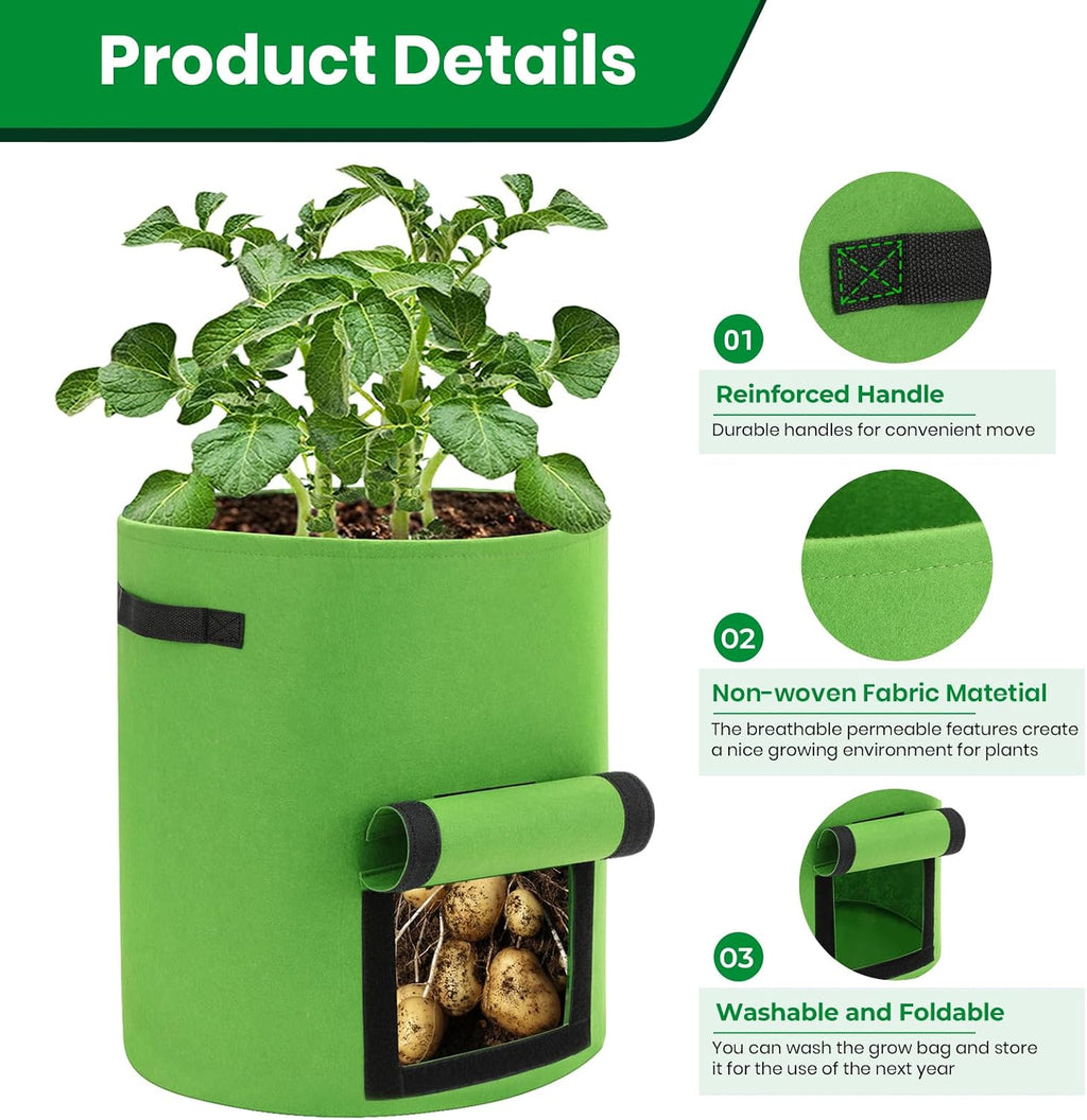6 Pack Potato Grow Bags, 10 Gallon Planting Bags Large Fabric Pots with Flap Window Vegetable Planter Garden Pot Tall