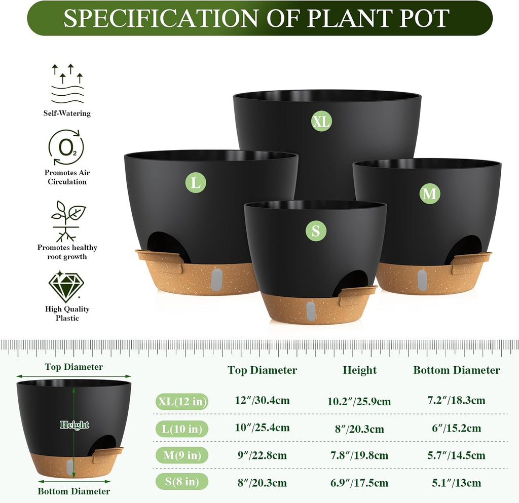 Plant Pots, 4 Pack 12/10/9/8 Inch Self Watering Pots with Drainage Holes, Water Level Indicator Deep Reservoir, Large