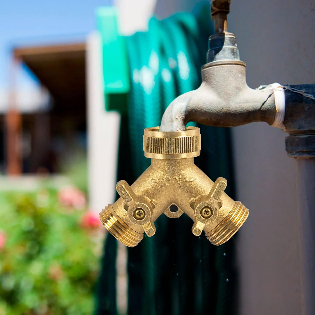 Hourleey Brass Garden Hose Splitter (2 Way), Solid Brass Hose Y Splitter 2 Valves with 2 Extra Rubber Washers (4 Pack)