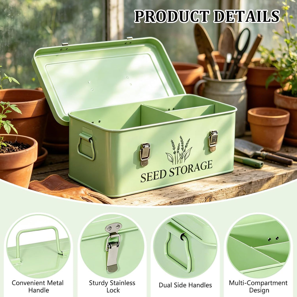 60-Slot Metal Seed Storage Organizer Box, Seed Saving Box | 3 Compartments Organization, 60 Seed Envelopes & Labels