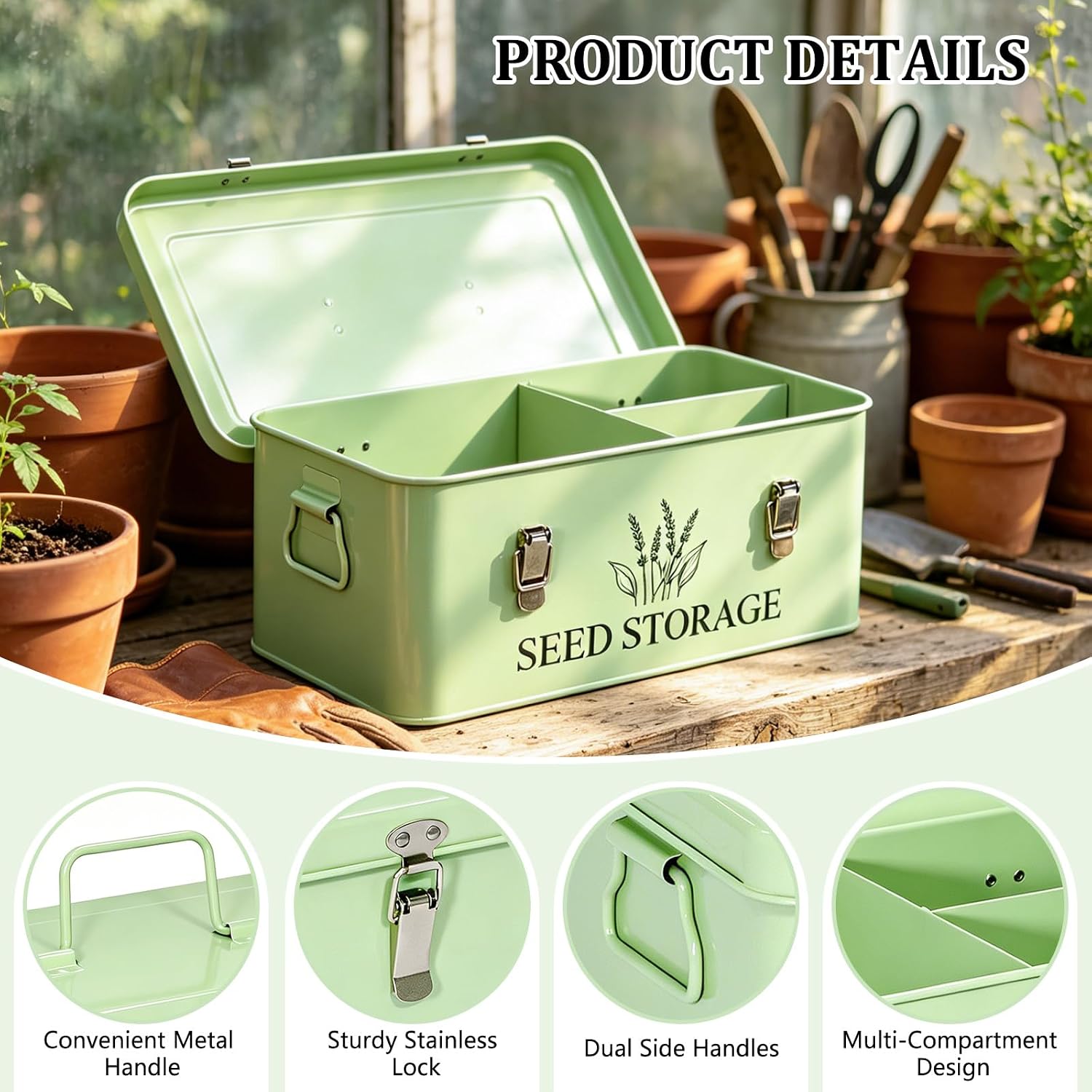 60-Slot Metal Seed Storage Organizer Box, Seed Saving Box | 3 Compartments Organization, 60 Seed Envelopes & Labels