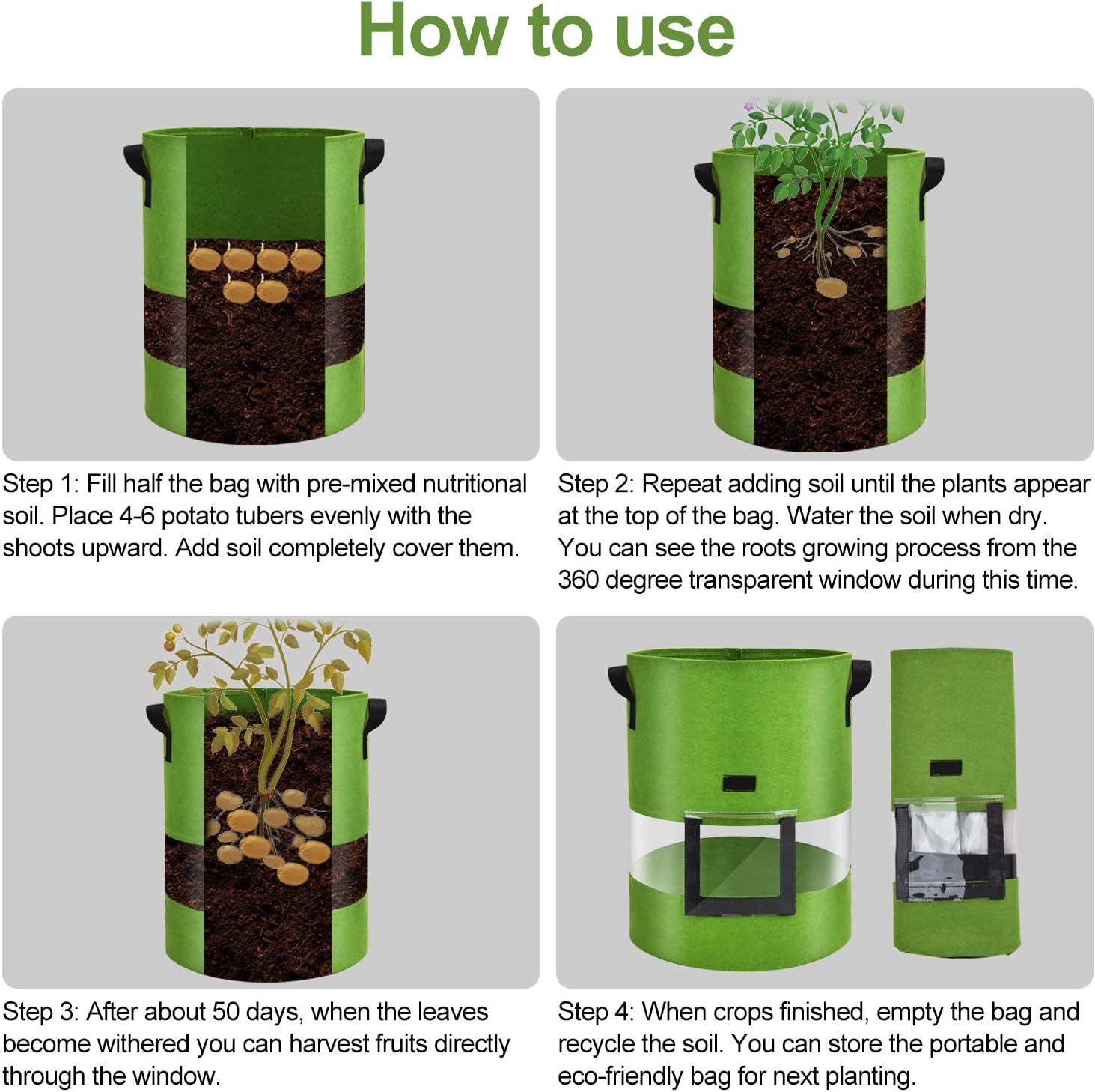 Visible Tomato/Strawberry/Sweet Potato/Carrot/Potato Grow Bags 7 Gallon 3-Pack, Heavy Duty Thickened Aeration Nonwoven