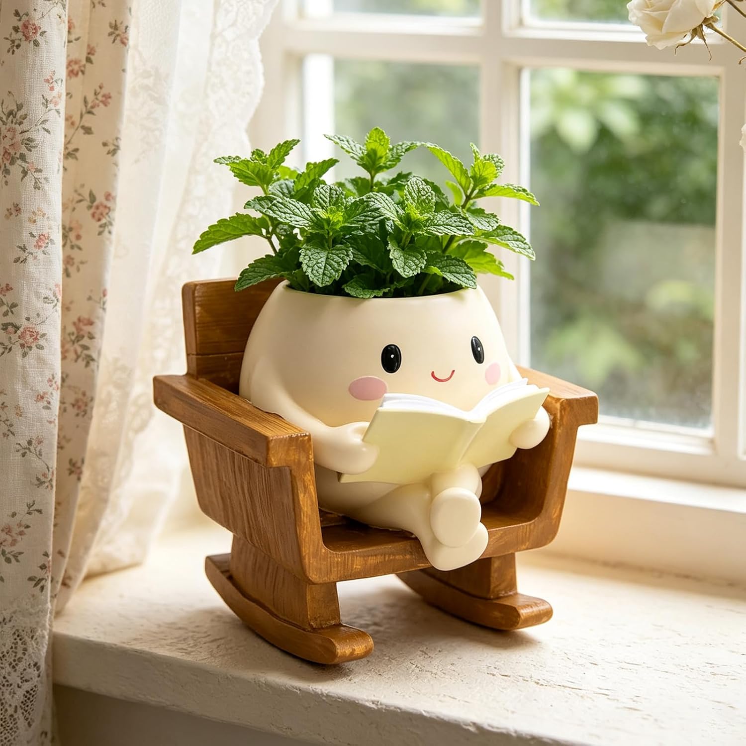 Cute Rocking Chair Smiley Face Planter Pot for Indoor Outdoor | Unique Book Garden Plant Pots with Drainage, Funny