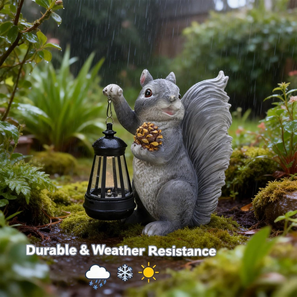 Solar Squirrel Garden Statue Outdoor Decor, Grey, Resin | Sculpture with Lantern，For Yard Lawn Patio Balcony, Christmas