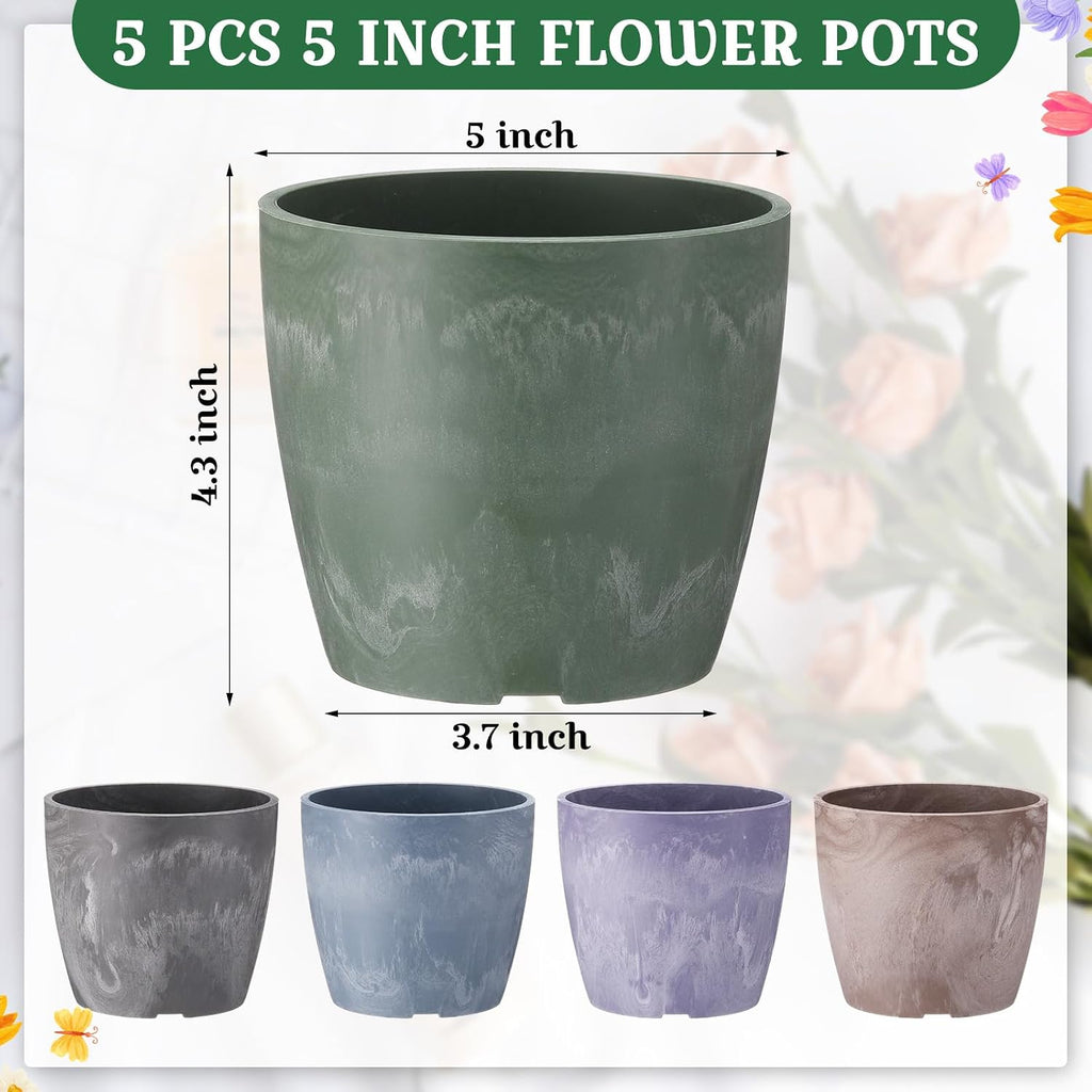 CroBlissful 5 Pack Flower Pots 5 Inch Outdoor Plant Pots for Indoor Marble Pattern Plastic Tree Planters with Drainage