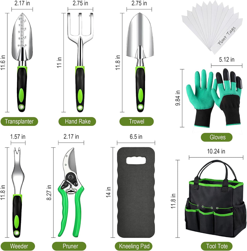 Gardening Tools Set, 23-Piece Heavy Duty Ergonomic Garden Hand Tools with Storage Tote, Knee Pad & Protective Gloves