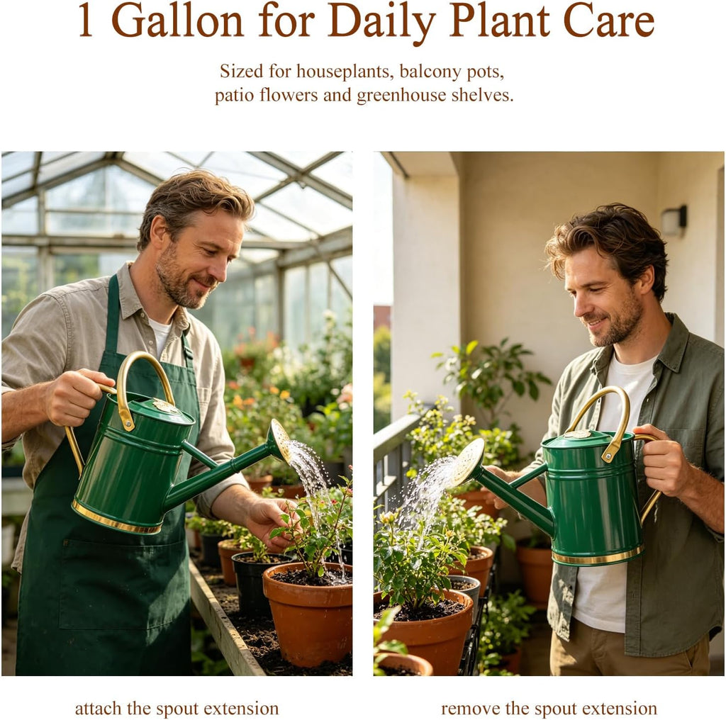 1 Gallon Green Metal Watering Can with Solid Brass Accents | Solid brass top and side handles, removable watering rose