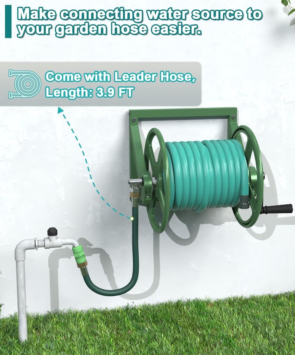 Garden Hose Reel Wall Mounted, Outdoor Heavy Duty Powder Coated Metal Water Hoses Holder Winder Holds 125 ft 5/8" Hoses