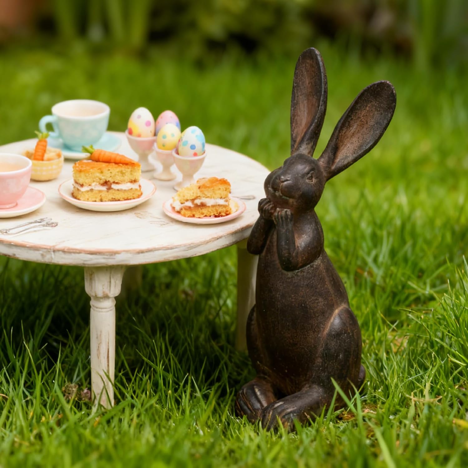 DiliComing Bunny Garden Decor 11 Inch Brown Resin Rabbit Outdoor Statue | Animals Yard Decorations, Cute Cheeky Bunny