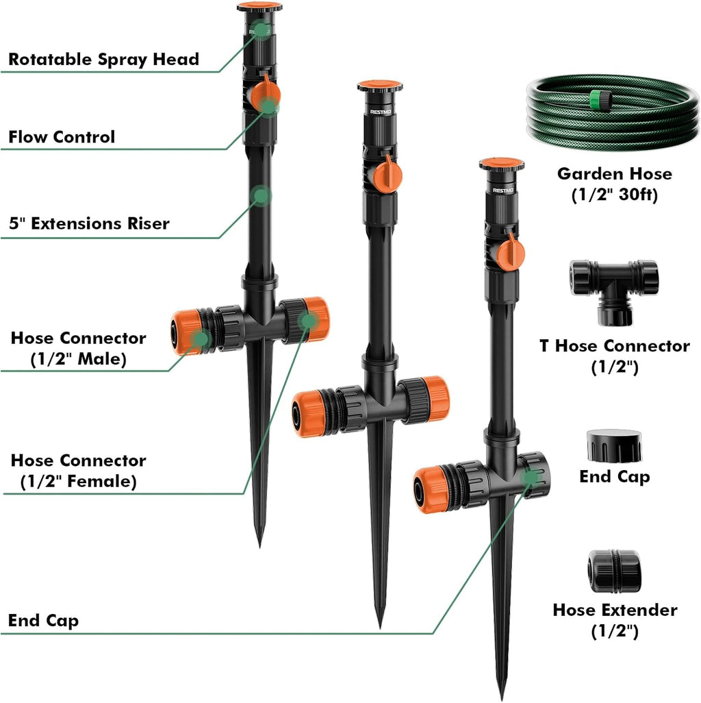 RESTMO Above Ground Sprinkler System,Irrigation Sprinklers for Yard,Orange | DIY Flexible Metal Spike Sprinkler