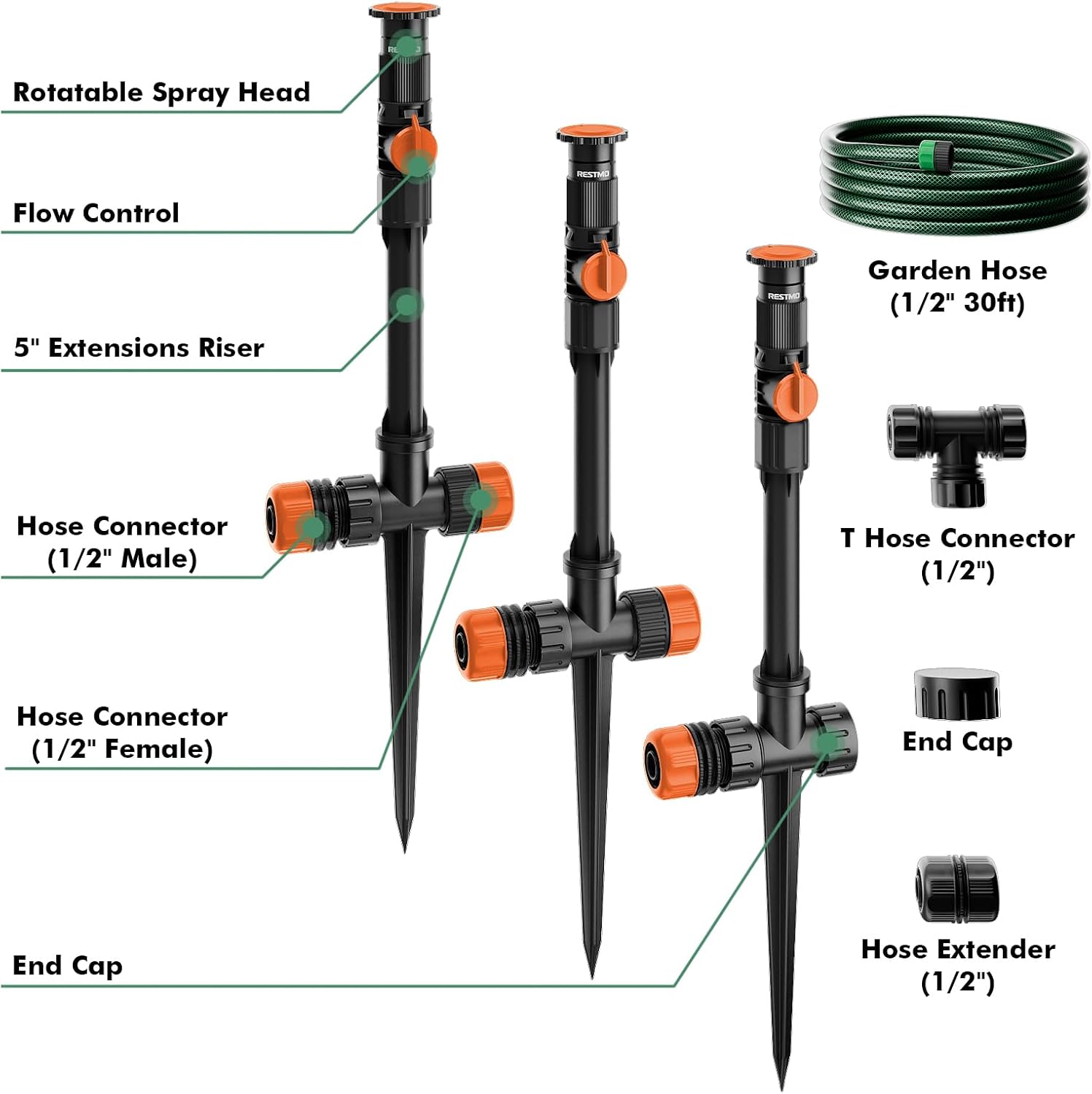 RESTMO Above Ground Sprinkler System,Irrigation Sprinklers for Yard,Orange | DIY Flexible Metal Spike Sprinkler