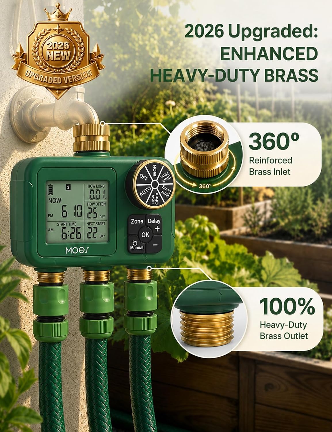 MOES 3-Zone Water Timer for Garden Lawn Hose, Brass 3/4 Inlet & Outlets | Independent Tripe-Outlet Sprinkler Timer