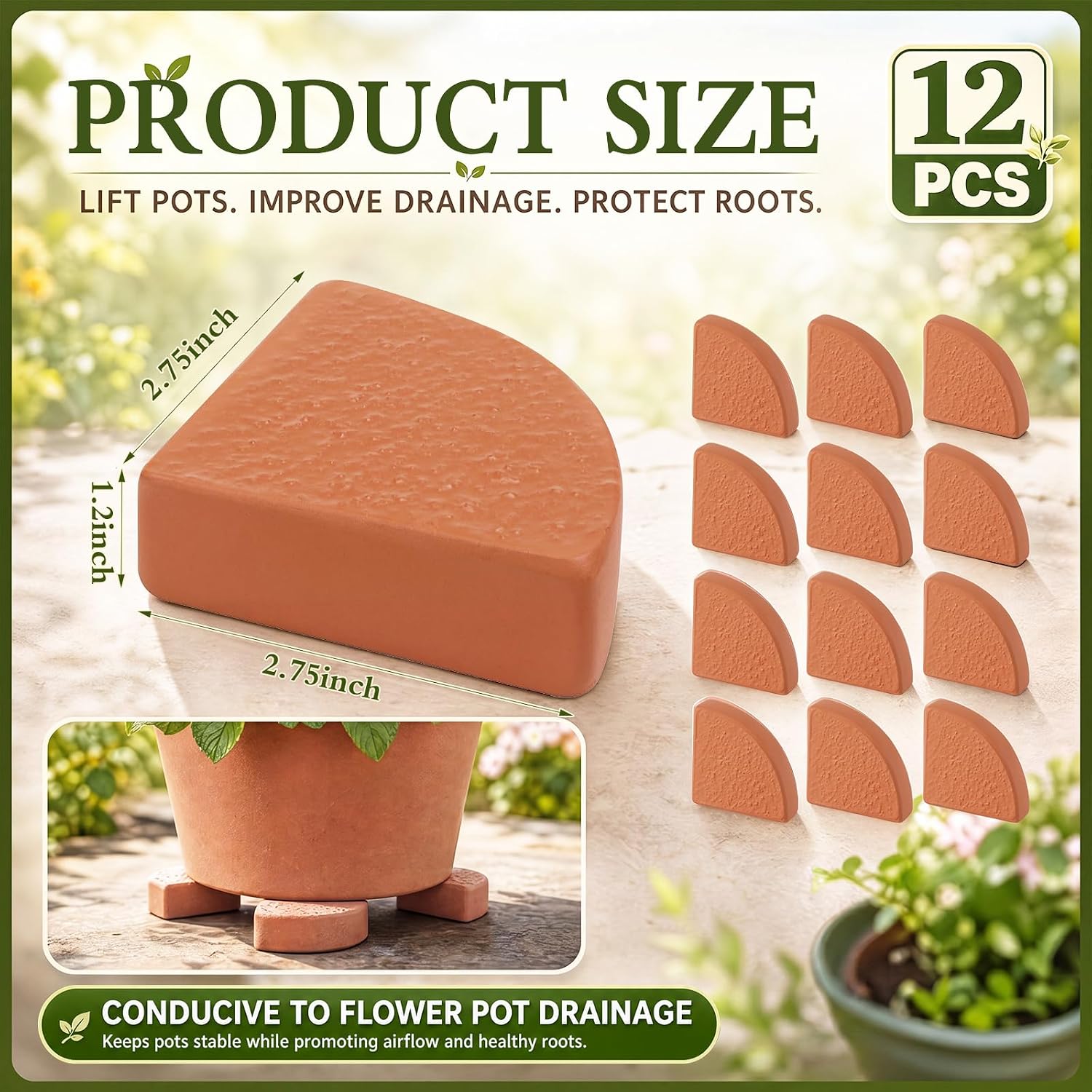 LemonRoad 12 Set Terra Cotta Cement Pot Feet for Outdoor Planters, Sector | 2.75x2.75x1.2 Inch, Plant Pot Risers for