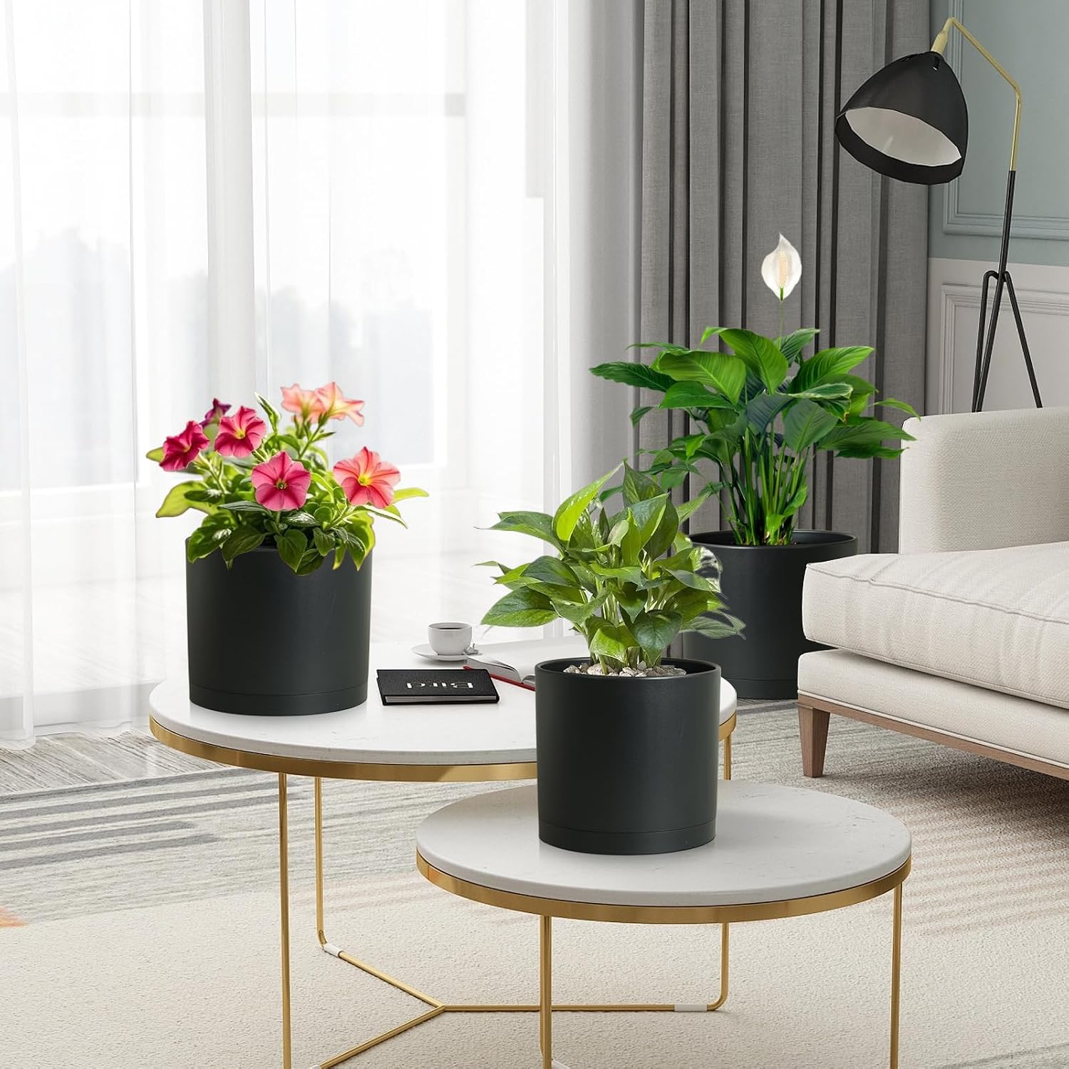 Large Plant Pots Set of 3 – 8", 9", 10" Indoor Flower Pots with Drainage Holes and Saucers, Big Planters for Monstera