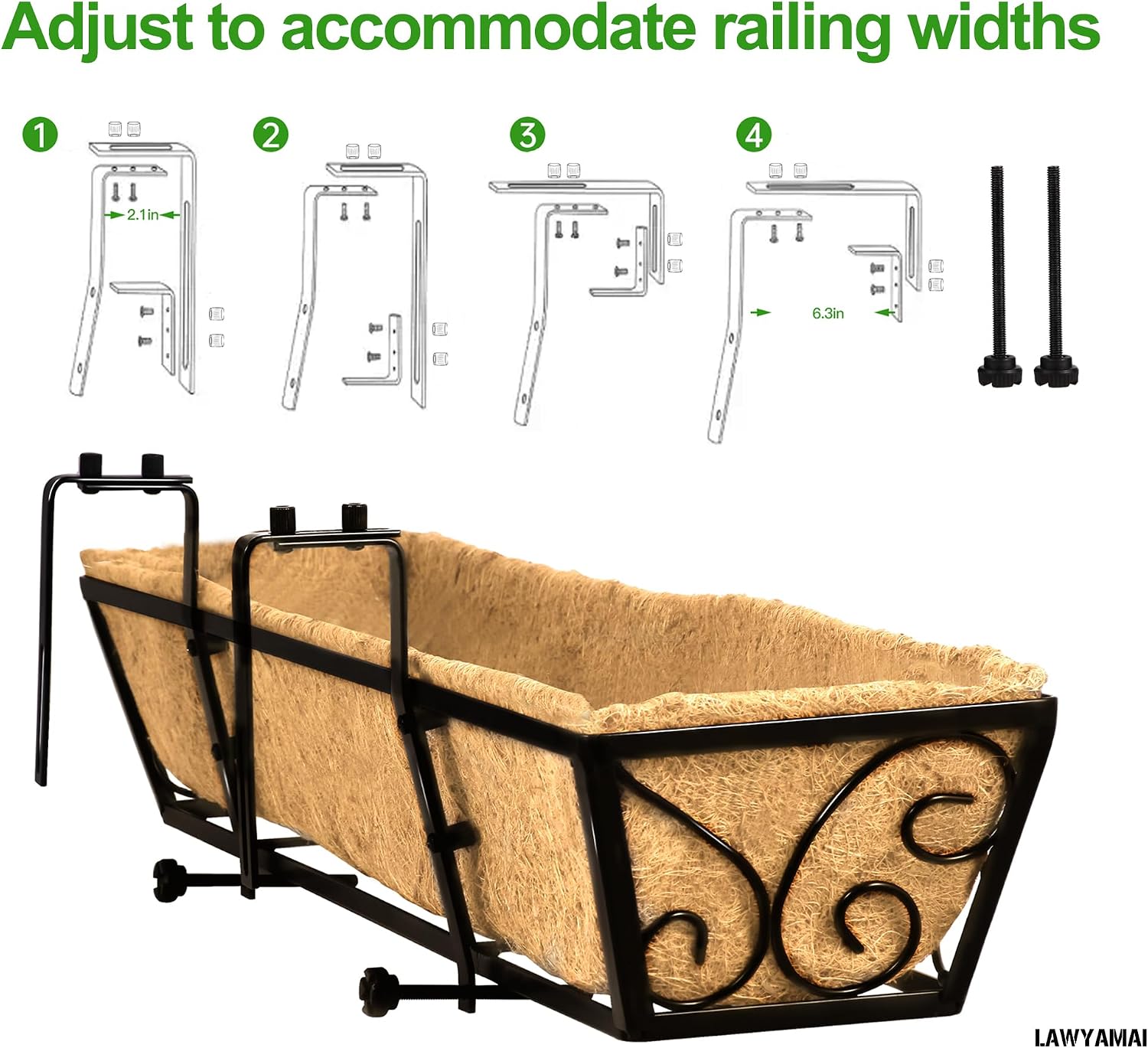 HFHOME 24 Inch Railing Planter Box with Coco Liners for Porch, Fence, Patio, Balcony Hanging Flower Railing Baskets