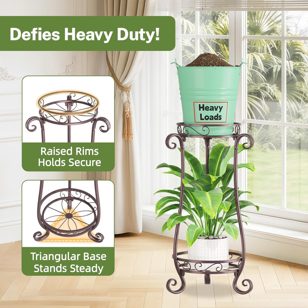 iDavosic.ly 2 Tier Tall Metal Plant Stand Outdoor Indoor, 27 Inch, Bronze | Corner Flower Pot Holder Shelf, Wrought