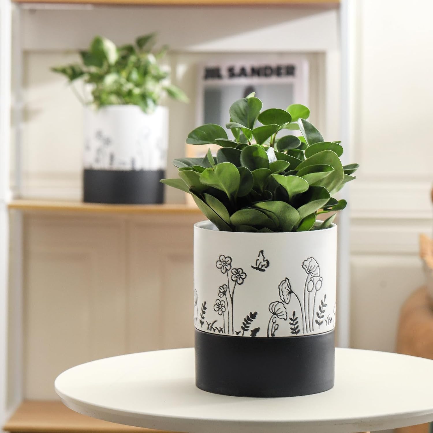 Nihow Self Watering Pots for Indoor Plants,6 Inch,White,Hand Painting | Ceramic Planter, Drainage Hole & Water Storage
