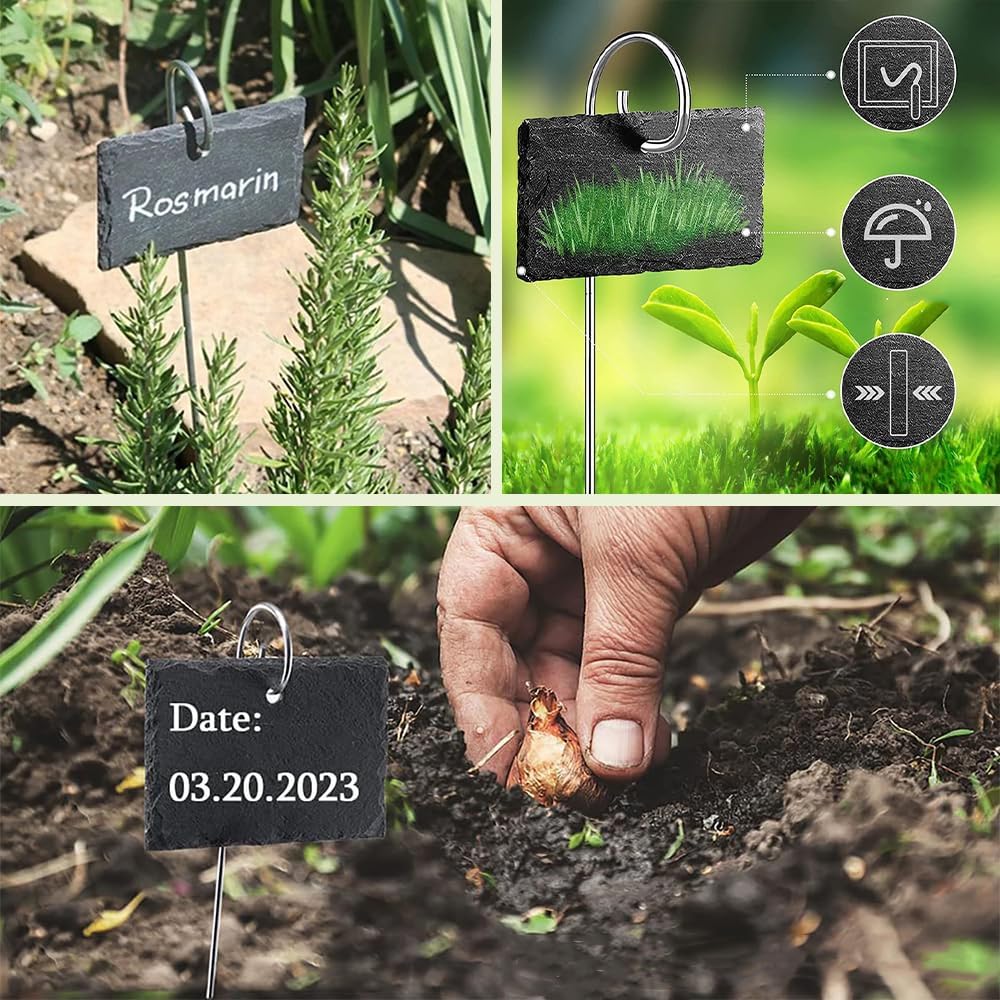 Slate Plant Labels Garden Markers Signs Labels with Stainless Steel Stake & Marker Pen Waterproof Slate Plant Labels