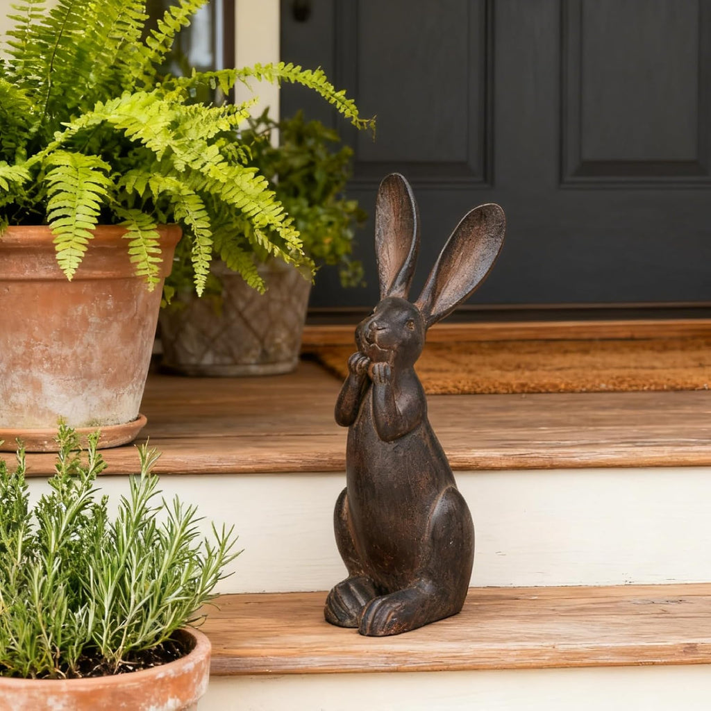 DiliComing Bunny Garden Decor 11 Inch Brown Resin Rabbit Outdoor Statue | Animals Yard Decorations, Cute Cheeky Bunny