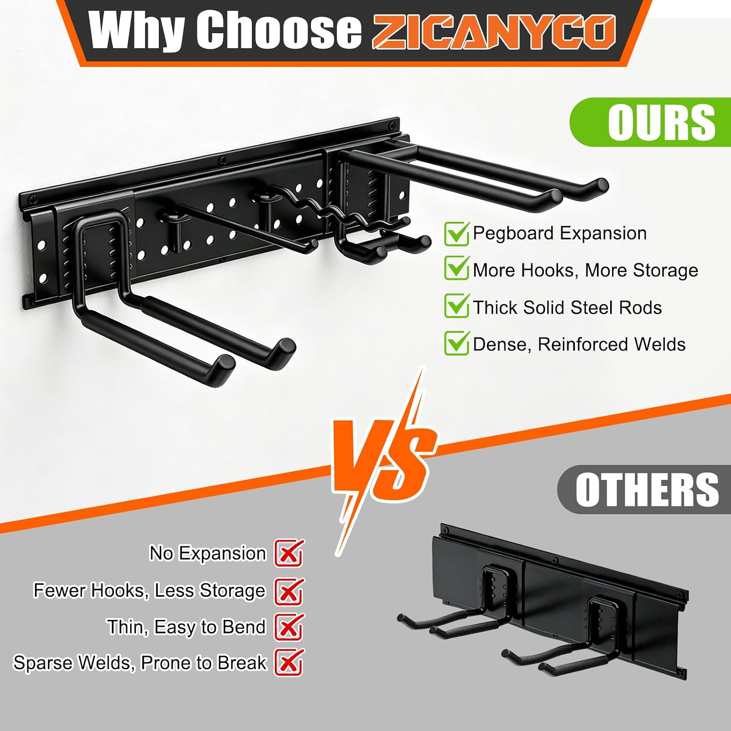 Garage Tool Organizer Wall Mount 66 inches with 13 Adjustable Heavy-Duty Hooks, Garage Organization, Garden Tool