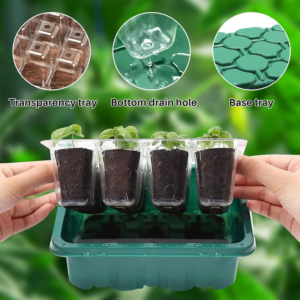 Seed Starter Tray Kit with Grow Light, 5 Pack Plant Seed Tray Kit with Humidity Domes and 3.9" Height Covers, Indoor