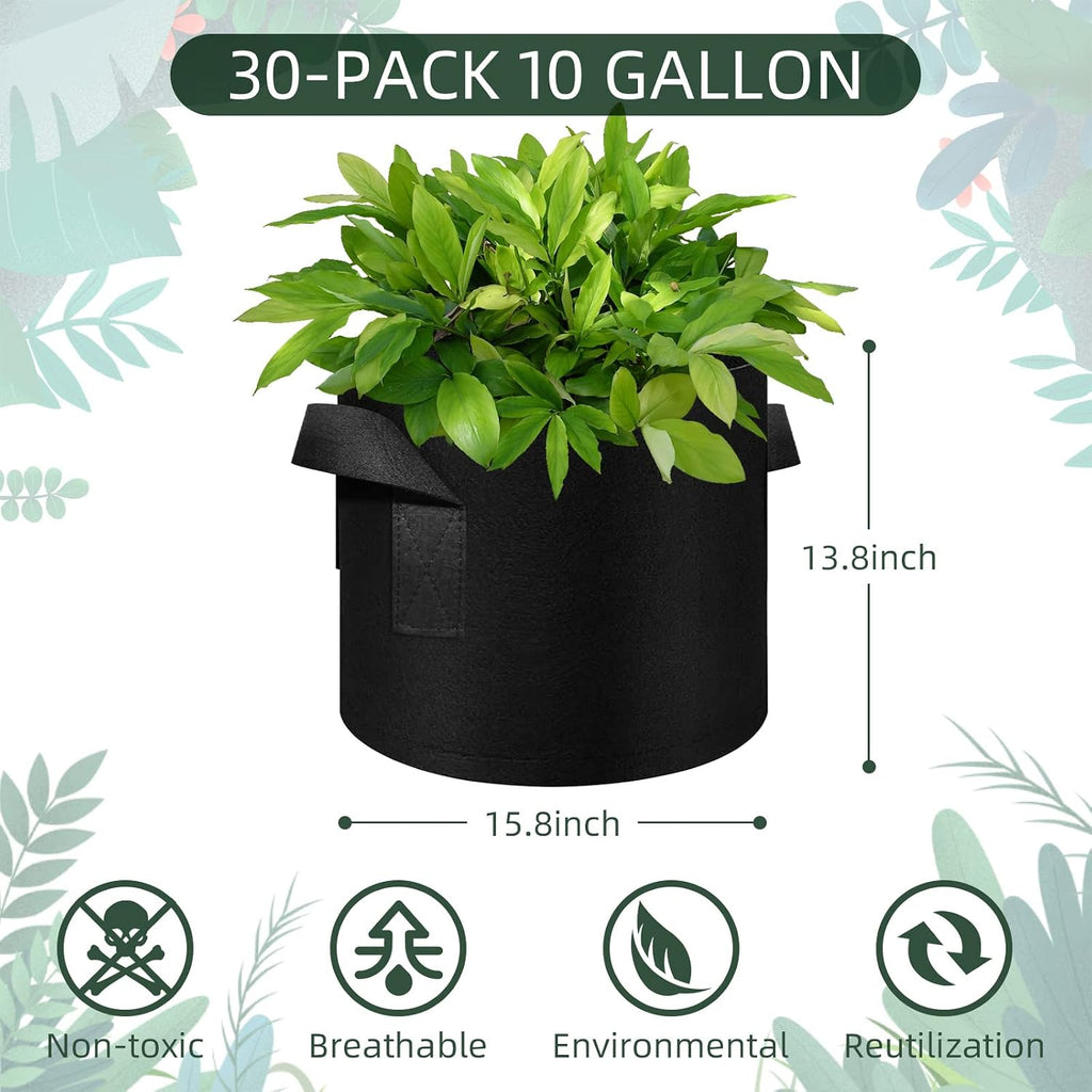 10 Gallon Grow Bags 30 Pack, Heavy Duty Thickened Nonwoven Fabric Pots with Handles, Plant Grow Bags for