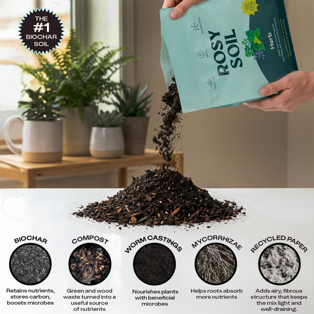 Rosy Soil Herb Mix, Organic Indoor and Outdoor Herb Potting Soil, 4 Quarts | Biochar, Worm Castings, Mycorrhizae Blend