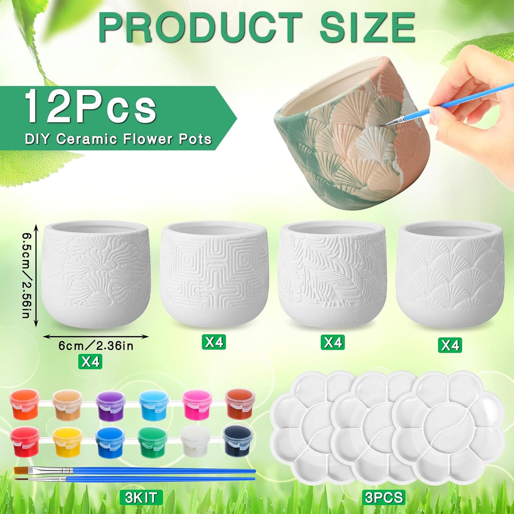 Zubebe 12 Pcs Paint Your Own Ceramic Pots Bulk Unfinished Succulent Pots Craft Kit with Drainage Hole Mini Paintable