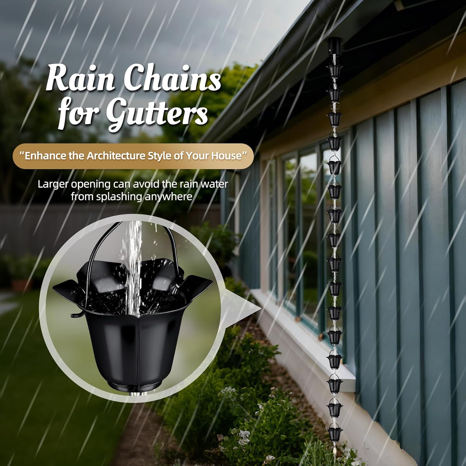 8.5 FT Black Rain Chain with Adapter for Gutters Downspouts Outside | 16 Cups Metal Material with Large Opening to