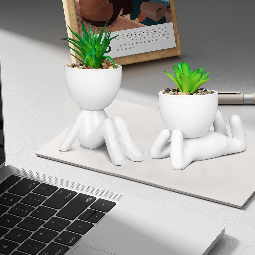 Set of 4 Artificial Succulents in Ceramic Pots, Cute Human Shaped Fake Plants for Shelves, Small Faux Plants for Office