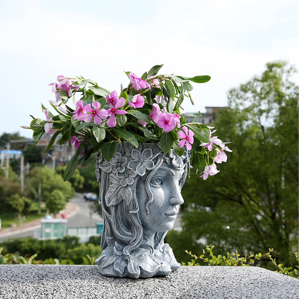 Face Flower Pot Head Planter with Drainage Hole,Cute Resin Goddess Face Planters Pots Opend Eyes (Goddess Gray(Large))