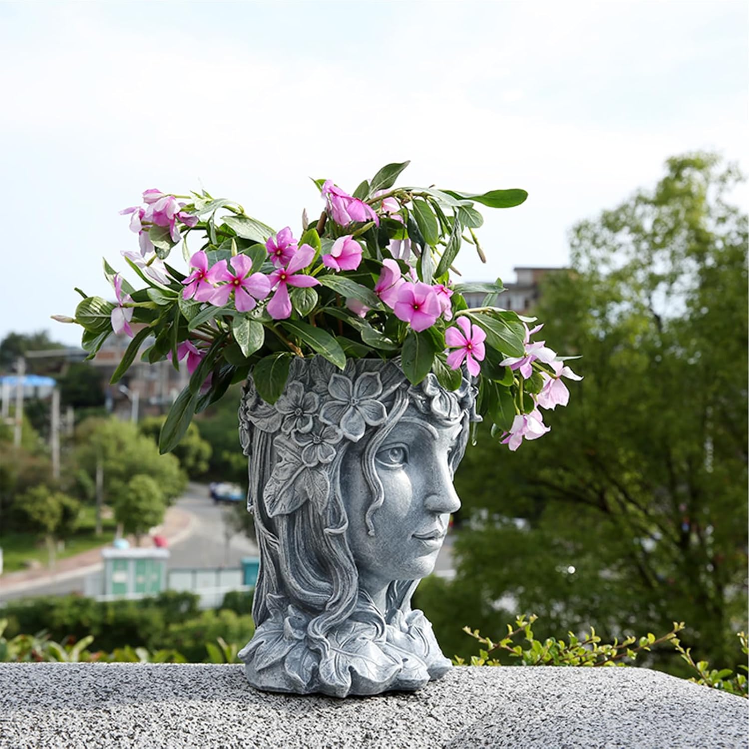Face Flower Pot Head Planter with Drainage Hole,Cute Resin Goddess Face Planters Pots Opend Eyes (Goddess Gray(Large))