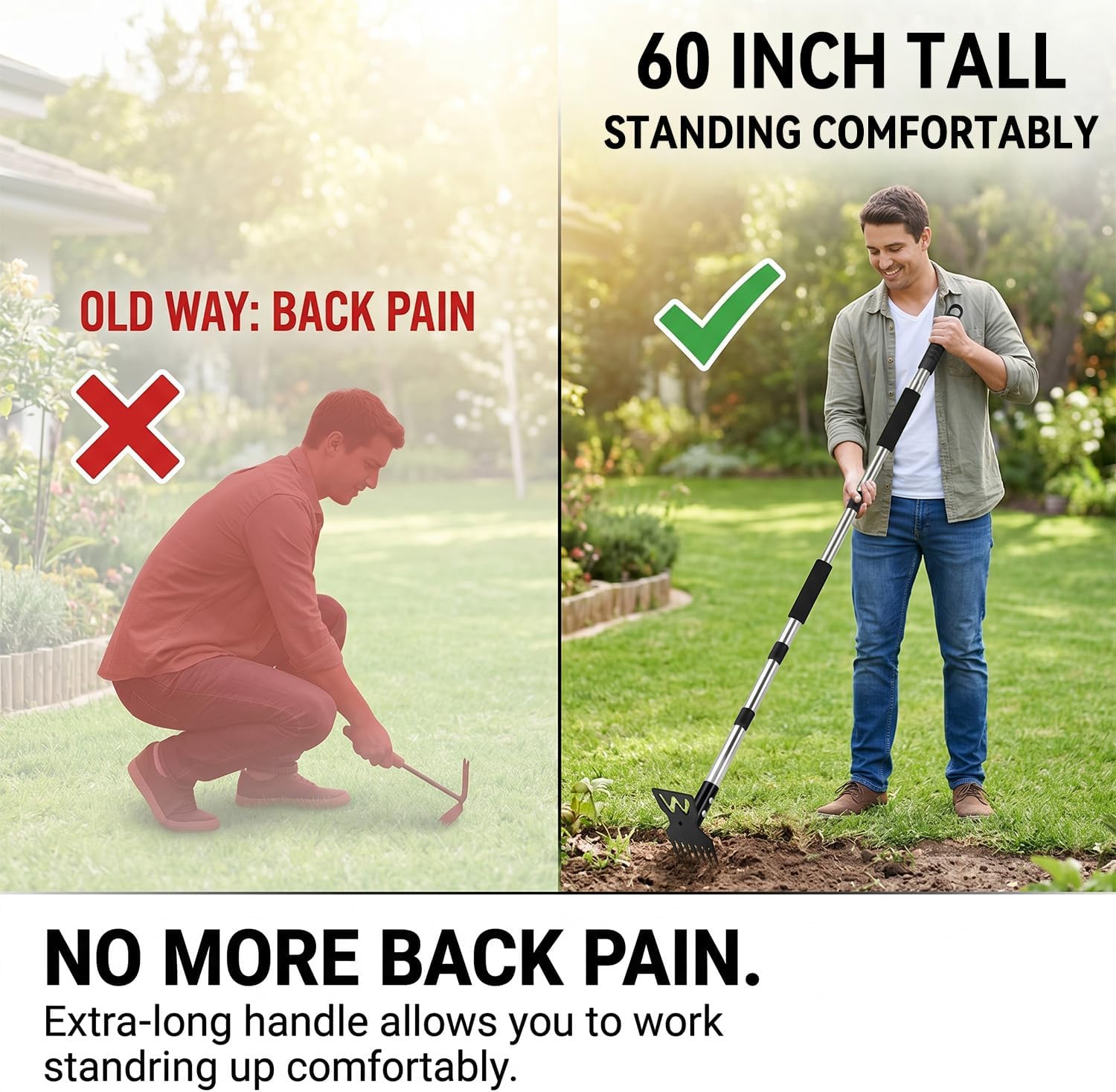 60" Weed Puller Tool with Long Handle, Heavy Duty 2-in-1 Stand Up Weeding Tool & Garden Hoe, Manual Weed Remover and