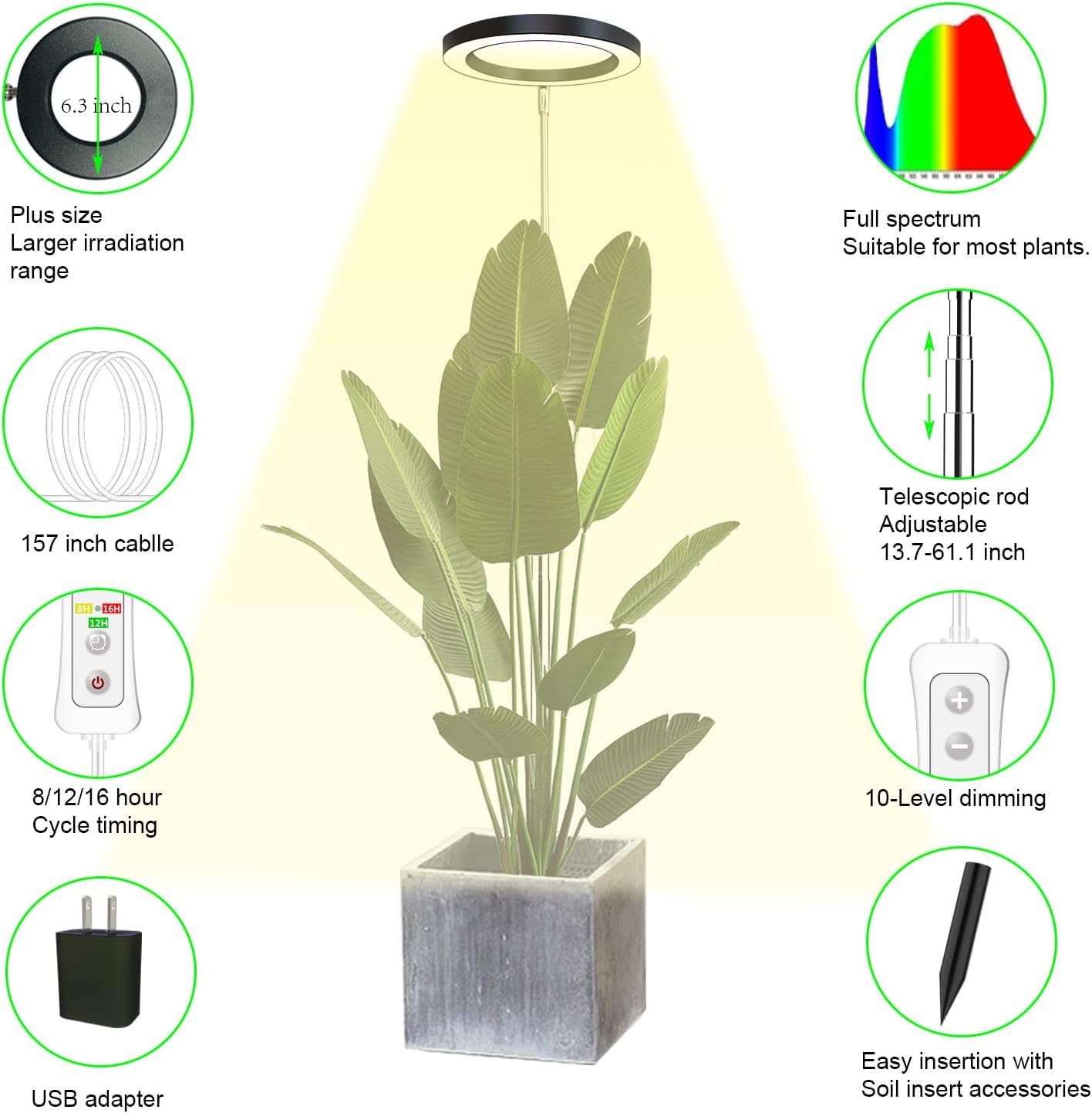 Plant Grow Light,yadoker LED Growing Light Full Spectrum for Indoor Plants,Height Adjustable, Automatic Timer, 5V Low