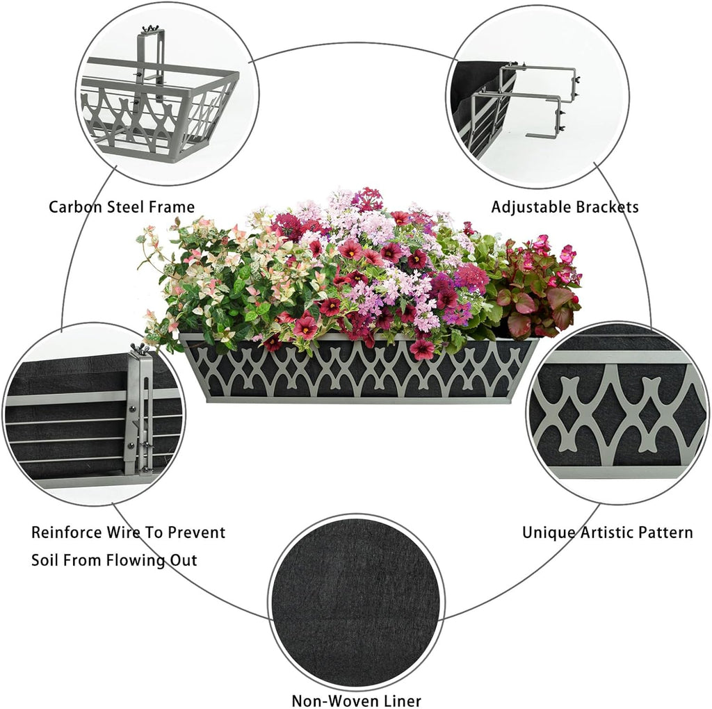 4 Pack 24 Inch Window Boxes Planters Railing Planter Box with Adjustable Brackets & Non-Woven Fabric Plant Grow Bags