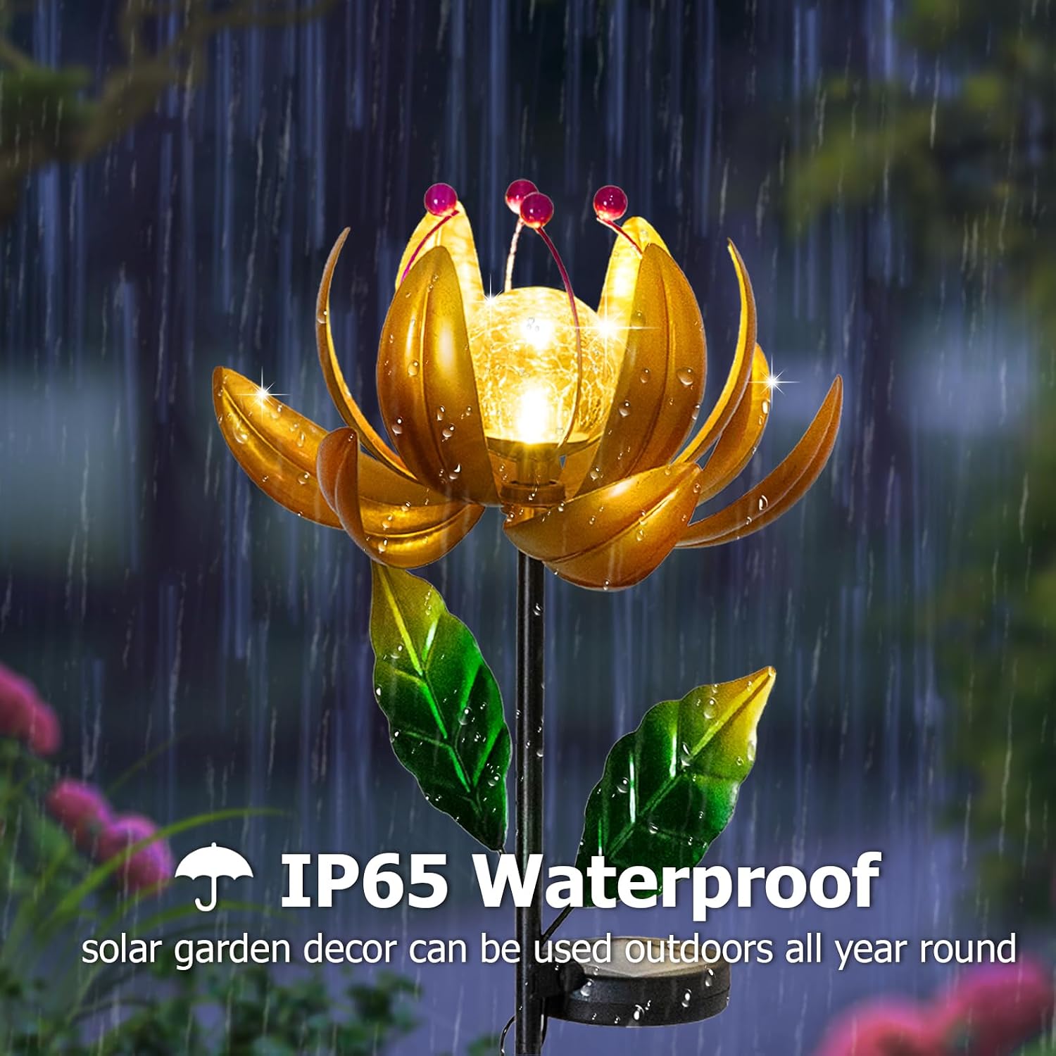 Solar Lights Wind Spinners for Yard and Garden - Metal Lotus Flower Windmills LED Crackle Glass Globe Outdoor Garden