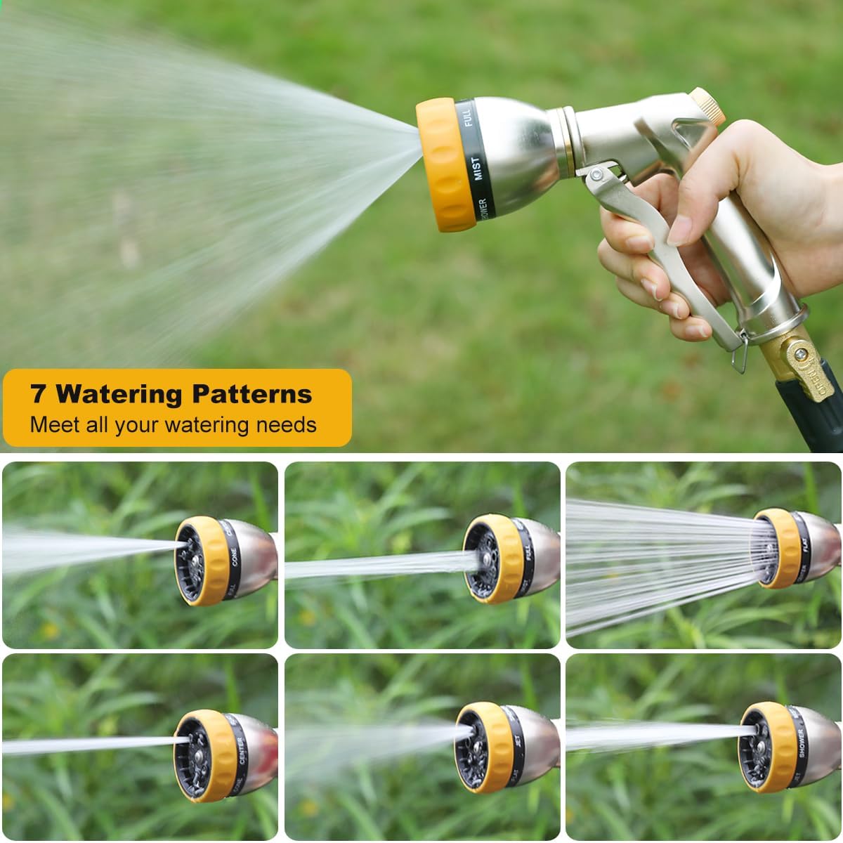FANHAO Heavy Duty Metal Garden Hose Nozzle, High Pressure Sprayer Leakproof | 7 Adjustable Spray Patterns, Rustproof