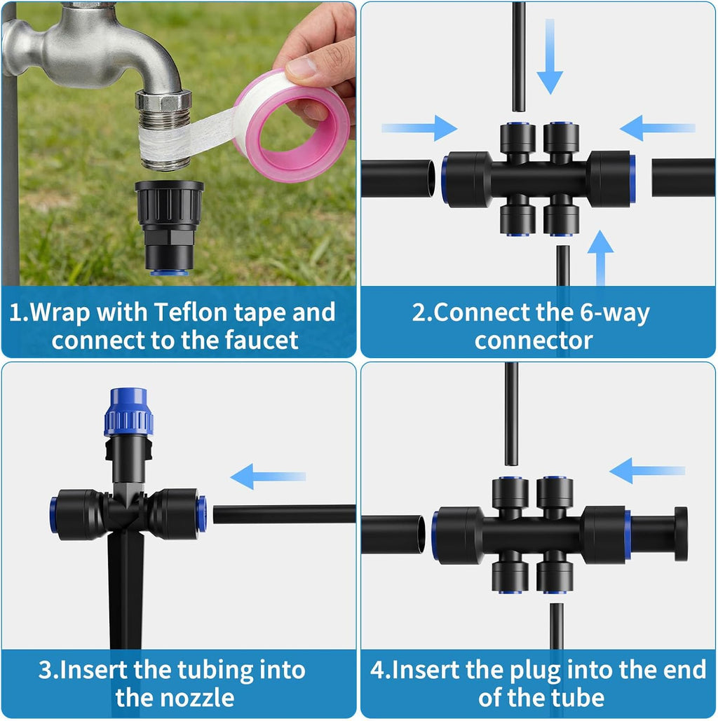 Drip Irrigation System 130FT with 10 Bendable Nozzles, 10 Misting Emitters, 10 8-Outlet Drip Emitters, 1/2 & 1/4 Inch