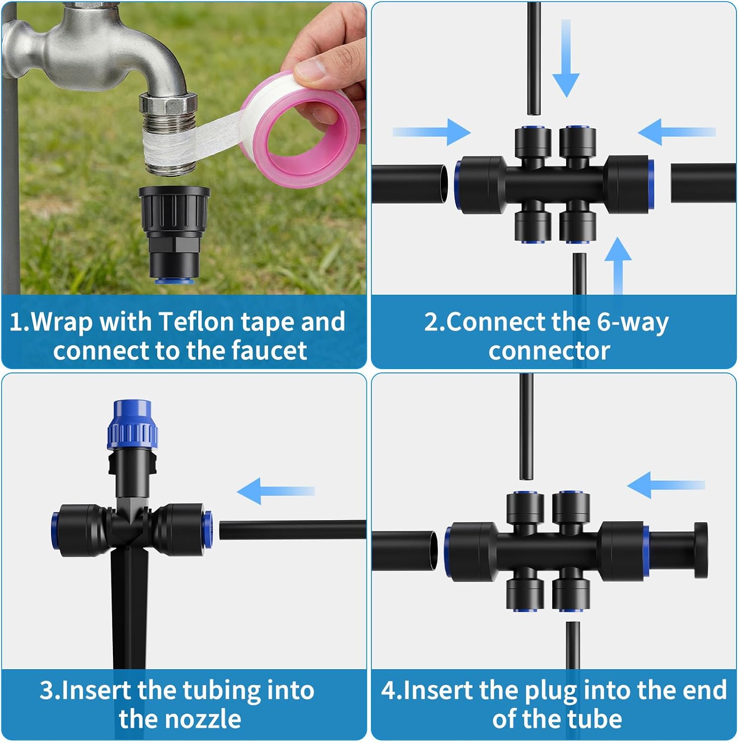 Drip Irrigation System 130FT with 10 Bendable Nozzles, 10 Misting Emitters, 10 8-Outlet Drip Emitters, 1/2 & 1/4 Inch