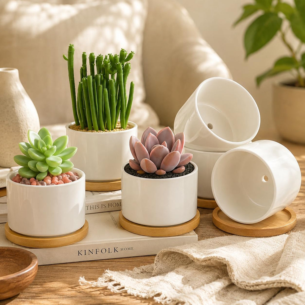 ZOUTOG Ceramic Succulent Pots 8 Pack,3.6 Inch Plant Pots,Succulent Planters with Drainage Hole & Bamboo Tray for Indoor