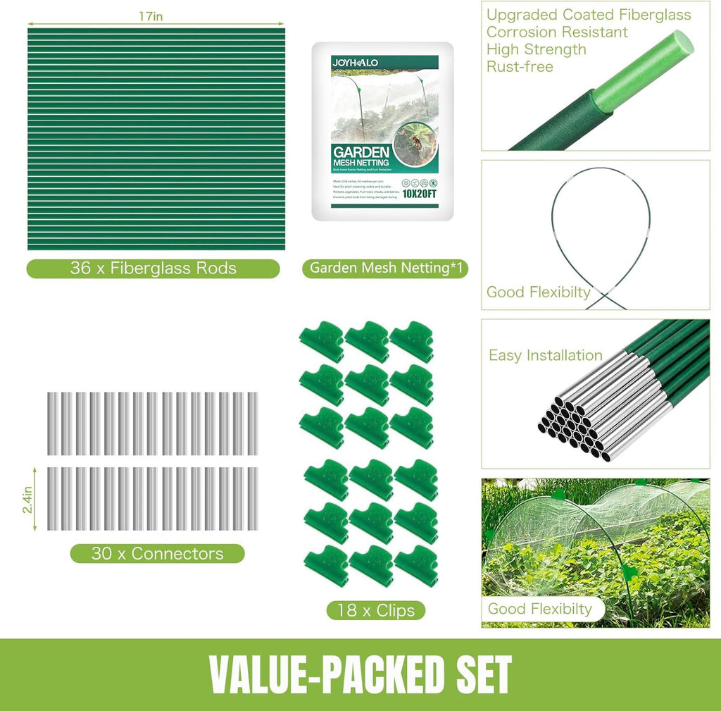 36 Pack Garden Hoops with 10x20 Ft Netting for Raised Beds, 18 Clips | Garden Mesh Netting Kit, 10x20 Ft Net, Bird &