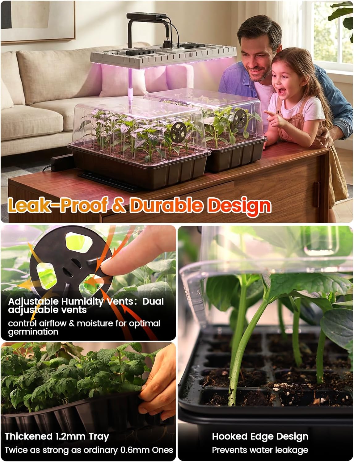 MetryGrow 48W Full Spectrum LED Grow Light Seed Starter Kit, 80-Cell Tray with 30W Heating Mat & Adjustable Dome
