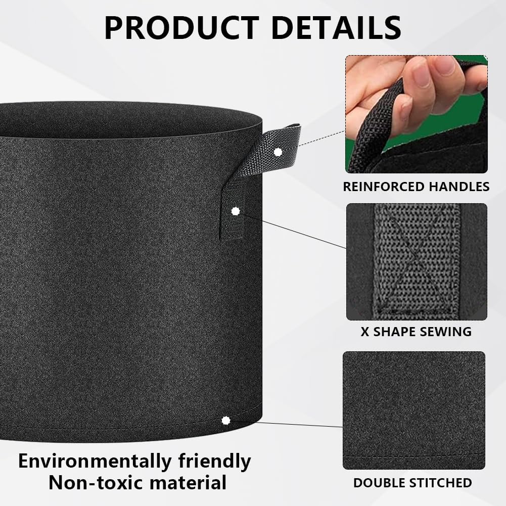 50 Pack Grow Bags, Black Heavy Duty Fabric Pots Nonwoven Potato Grow Bags | Reinforced Stitching, Breathable Vegetable