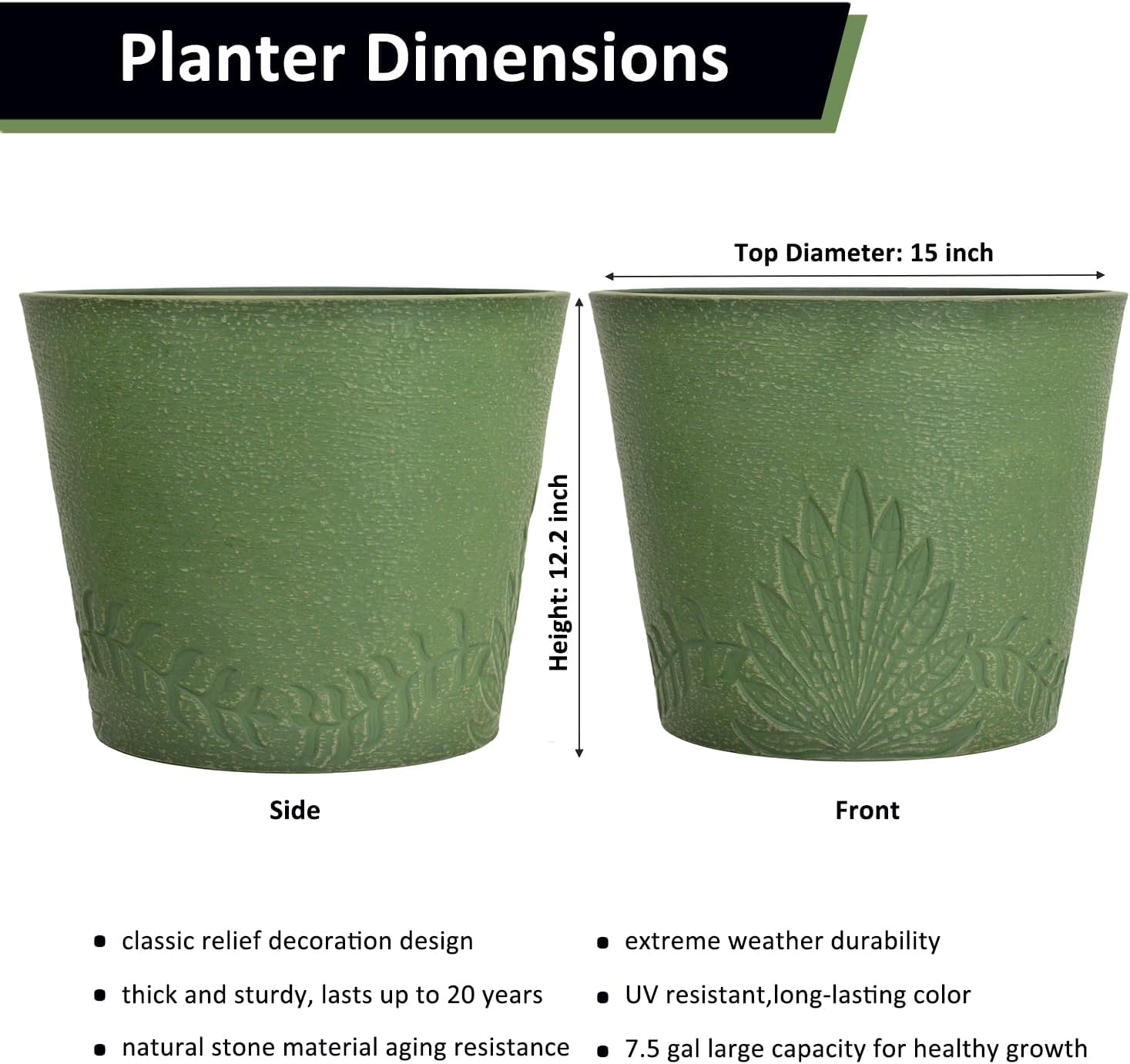 GreenShip 15 inch Large Planters for Outdoor Plants, Set of 2 | 7 gal, Large Indoor Planter, Recycled Resin & Stone