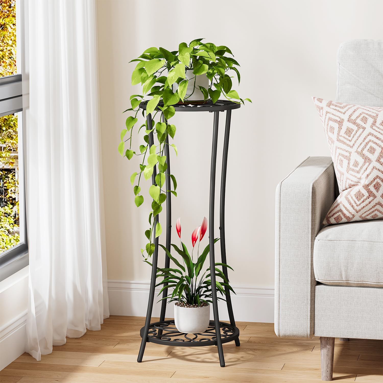 YINMIT Plant Stand Indoor Outdoor, 2 Tier Metal Potted Holder Rack, Flower Pot Stand Shelf, Heavy Duty Round Supports