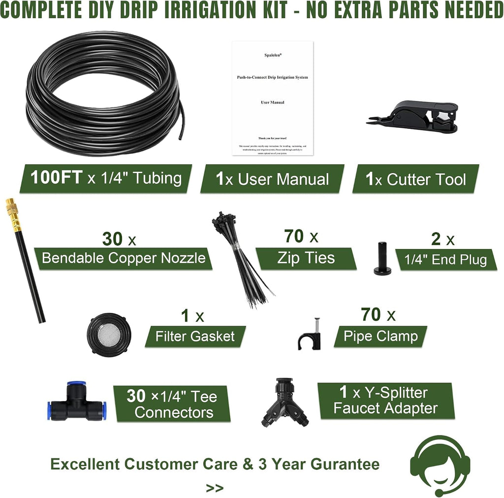 100FT Drip Irrigation System Kit Dual-Zone Garden Atomizing Watering System with 30 Copper 360° Adjustable Bendable