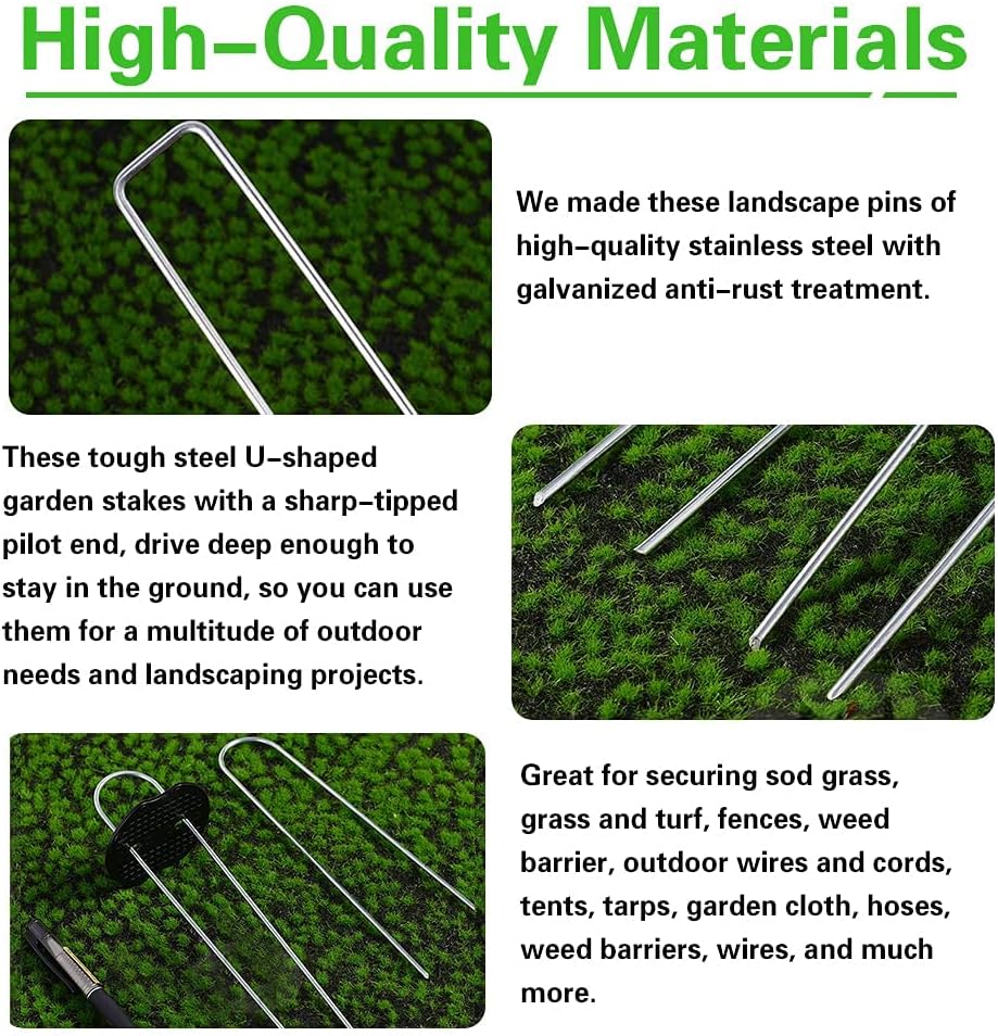 100Pcs Garden Stakes Staples + 100Pcs Gasket, Bakulyor 6 Inch Lawn Landscape Staples 11 Gauge U Shaped Galvanized