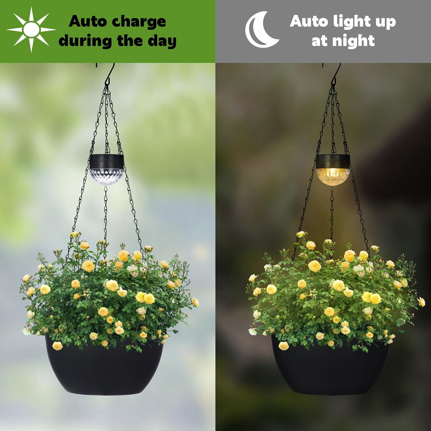 BAYN 2 Packs Solar Hanging Basket Planters for Plants Outdoor | Self Watering, Black Flower Pots with Solar Light