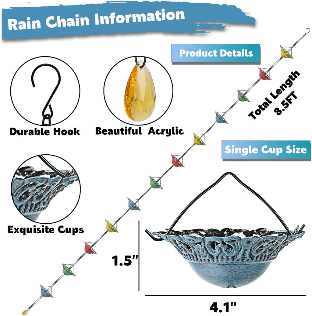 8.5 FT Colorful Rain Chain with 12 Cups for Gutters Downspouts Outside | Metal Material, Large Opening to Avoid